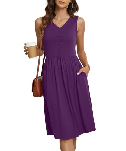 Image of NILOUFO Sleeveless Dress for Women Summer Knee Length Sundress with Pockets | Sundresses for Women Tank Empire Waist Sun Dress Cold Shoulder Casual V Neck Midi Dress Flowy Summer Dresses for Women