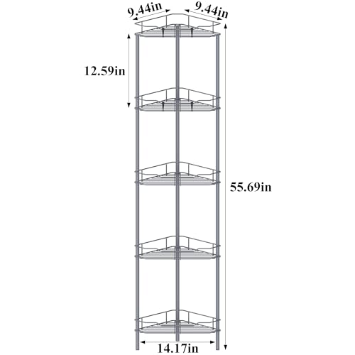 Image of HuggieGems 5 Tier Floor Standing Corner Shower Caddy Organizer Shelf with Hooks, Bathroom Shelves Stand Rack, Dark Gray