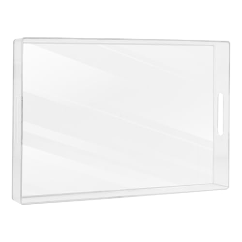 MAONAME Clear Serving Tray with Handles, Plastic Clear Tray, Rectangle Decorative Tray for Coffee Table, Ottoman, Bathroom, Vanity, 15.7