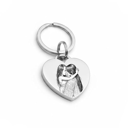 Foto Schlüsselanhänger personalisiert mit Gravur | Geschenk für Damen, Herren, Freundin, Oma, Opa & Kind | Bild-Gravur & Spruch auf Rückseite - Edelstahl (Silber)