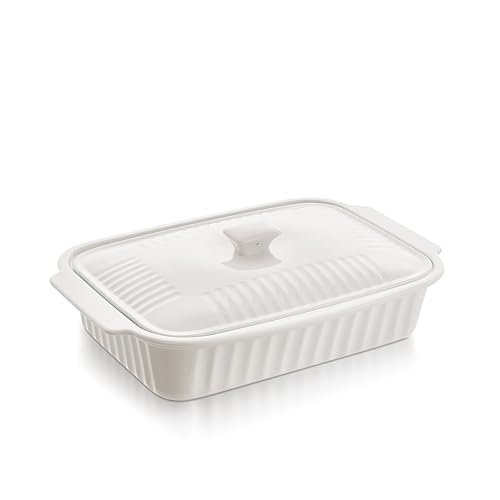 Roeveca Casserole Dish with Lid, 5.6 Quart Covered Casserole Dish Cookware, 9x13.5 Deep Baking Dish for Oven,Lasagna Pan Ceramic Bakeware for Baking, Easy to Clean, White