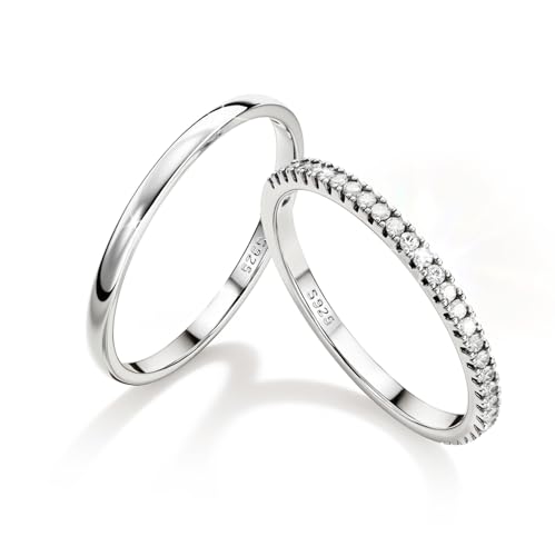 MILACOLATO 2Pcs Solid 925 Sterling Silver Rings for Women 1.3mm Thin Non Tarnish White Gold Plated Plain Thumb Stackable Rings Half Cubic Zirconia Wedding Eternity Band Rings S8