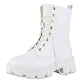  VAN HILL Damen Plateau Boots Blockabsatz Plateau Vorne Trendy Schuhe 216110 Weiss 37