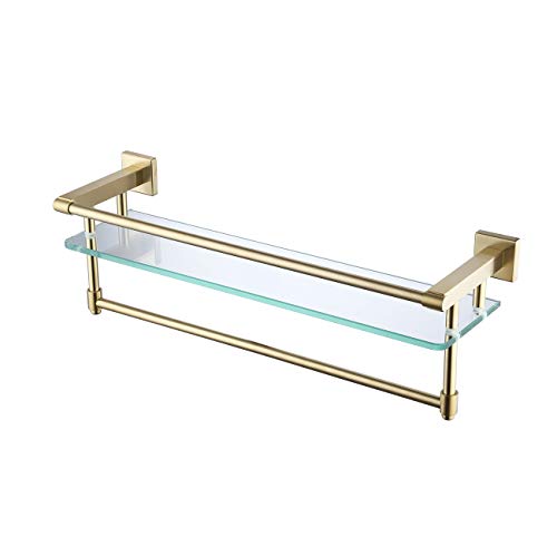 Black Friday 🔥 KES Bathroom Glass Shelf with Towel Bar and Rail Extra 8 MM-Thick Tempered Glass SUS 304 Stainless Steel Rustproof Rectangular Wall Mount Brushed Brass Finish, A2225-BZ