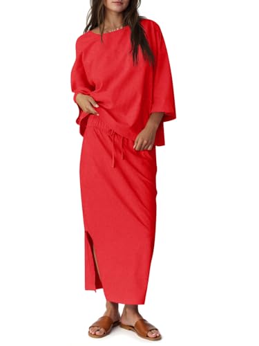 Tankaneo Womens 2 Piece Skirt Sets Oversized 3/4 Sleeve Top