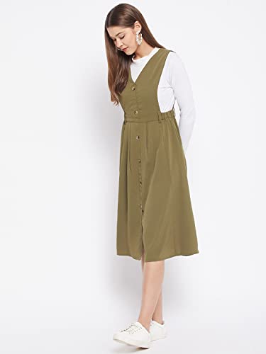Image of WineRed Women Soild Pinafore Dress with Button