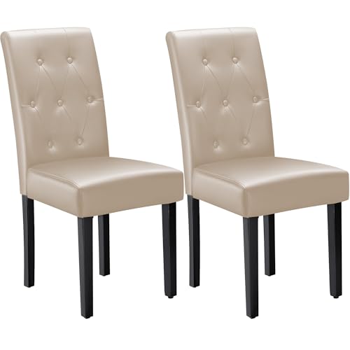 Image of Furmax Ergonomic Dining Chairs Set of 2, PU Leather Dinning Room Chairs, Button Tufted Kitchen Chairs with Adjustable Wood Legs for Kitchen Living Room (Leather Beige, 2)