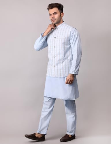 Image of Men's Cotton Silk Blend Regular Kurta Pyjama, Embroidered Nehru Jacket /Waistcoat Set