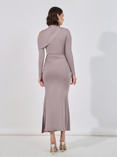 Image of Styli Women Brown Cut-Out Detail High Neck Draped Maxi Dress | High Neck, Ruching Detail, Pleated Long Sleeves, Zip Closure, and Flattering Maxi Length for an Elegant Look.