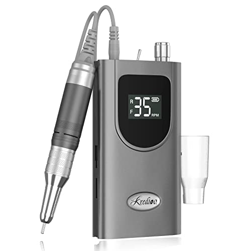 Kredioo Torno para Uñas Profesional 35000RPM Pórtatil＆Recargable 6 Brocas Lima Eléctrica de Manicura y Pedicura Pulidor Set Taladro de Clavo Eléctrico Limado Kit Set de Fresas LCD con Batería Gris