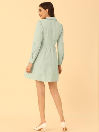 Image of Allegra K Women's Shirt Dress A Line Embroidered Floral Mini Dresses | Casual, Collar, Long Sleeve, Button Down, Half Placket, Invisible Zipper, Knee Length