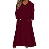 Women Fuzzy Fleece Hoodie Night Dress Casual Long Sleeve Hooded House Coat Sleepwear Flannel Nightgowns with Pockets, Wine,X-Large