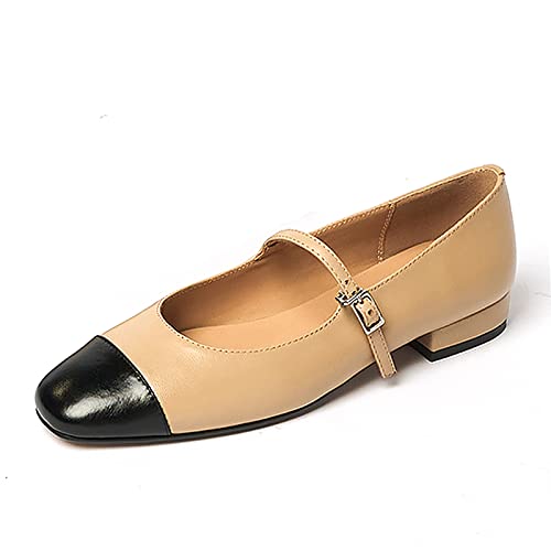 Lutalica W Women's Stylish Closed Cap Toe Matte Leather Two-Tone Instep Strap Ballet Flats Office Lady Comfort Round Toe Dress Mary Jane Flat Pumps Shoes
