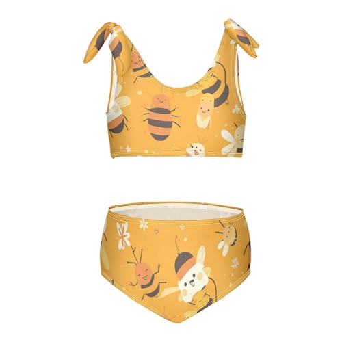 Sweet Honey Pattern Cute Bees Happy Girl Two Piecing Kids Bikini Set Quick-Dry Bathing Suit Swimwear Adjustable Shoulder