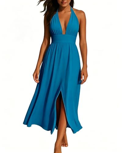 Image of Womens Backless Dress Sexy Halter Deep V Neck Maxi Dresses Sleeveless Long Cocktail Dress with Slit