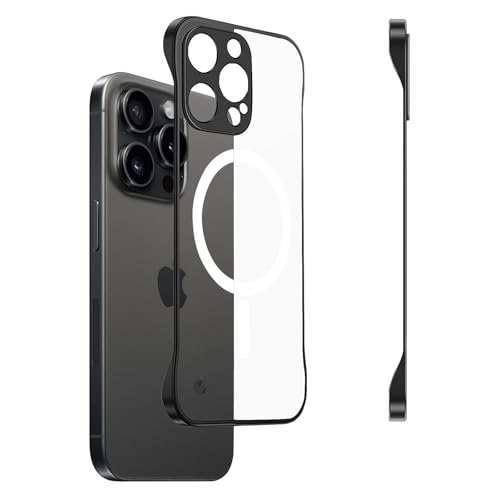 Omio Magnetic Slim Case for iPhone 16 Pro Compatible with MagSafe Clear Matte Ultra-Thin Bumper Frameless Borderless Design with Finger Loop Full Camera Protector for Women Men Black Titanium