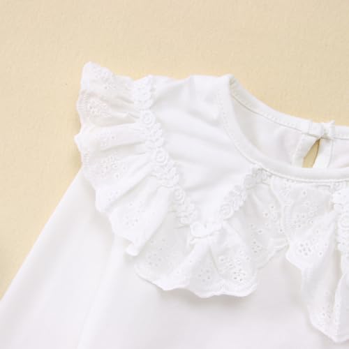 Image of MODNTOGA Kids Baby Girl Long Sleeve Collar Shirt Toddler White Blouse Puff Short Sleeve T-Shirt Solid Color Basic Top Bottom (White,3-4 Years)