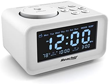REACHER Small Digital Alarm Clock Radio with 2 USB Charging Ports, 0-100% Dimmer, Weekday/Weekend, Thermometer, 6 Adjustable Volume Sounds, Sleep Timer, AC Powered, Battery Backup for Bedroom(White)