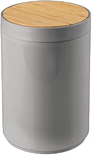 mDesign Swing Lid Bathroom Bin - Bamboo and Plastic Rubbish Bin for Bathroom - Small Trash Can - Bamboo and White
