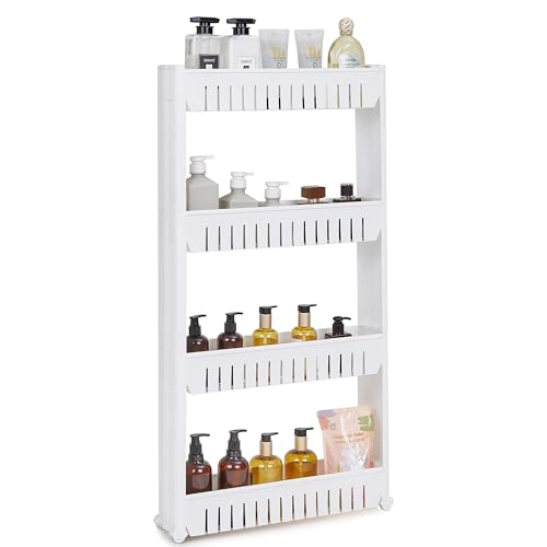 VECELO 隙間収納 スリムラック 4段 キャスター付き 大容量 スリムワゴン 省スペース ホワイト