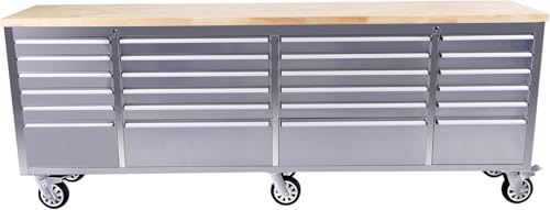Image of IDEALHOUSE 96 inch Rolling Tool Chest, Garage Workbench with 24 Drawers, Solid Rubber Wood Top & with Wheels Lock Key Locking, Mobile Workstation Tool Cabinet for Workshop Storage