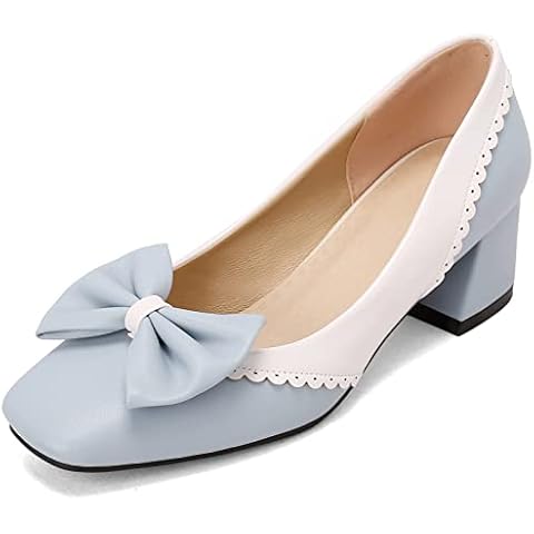 CUTEHEELS Women Elegant Slip-on Court Shoes with Mid Block Heel Light Blue Cover
