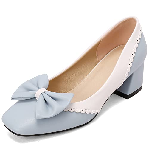CUTEHEELS Women Elegant Slip-on Court Shoes with Mid Block Heel Light Blue