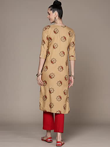 Image of anubhutee Women's Cotton Beige Thread Work Abstract Printed Straight Kurta