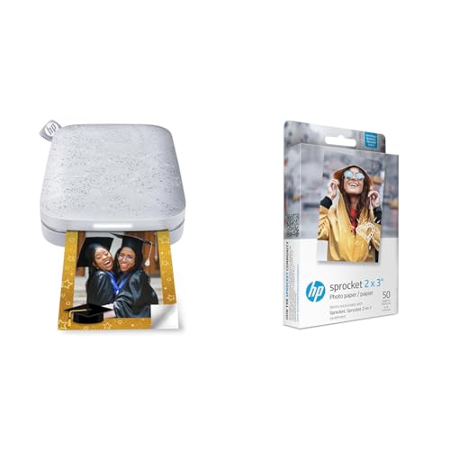 Image of HP Sprocket Portable Color Photo Printer (2nd Edition) – Instantly print 2x3" sticky-backed photos from your phone – [Luna Pearl] [1AS85A] and Sprocket Photo Paper, 50 Sheets