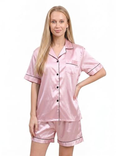 Image of Jecery 2 Piece Summer Pajamas for Women Man Soft Couples Matching Pjs Short Satin Button Down Sleepwear for Bride Groom Gift