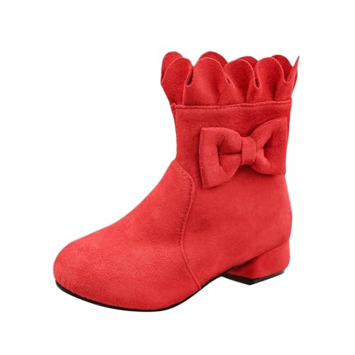 Botas de nieve de ante con tacones para niños y niñas, zapatos cálidos y cómodos para niñas, botas de lazo de color sólido, zapatos casuales con forro de algodón para niños pequeños y medianos, Red,