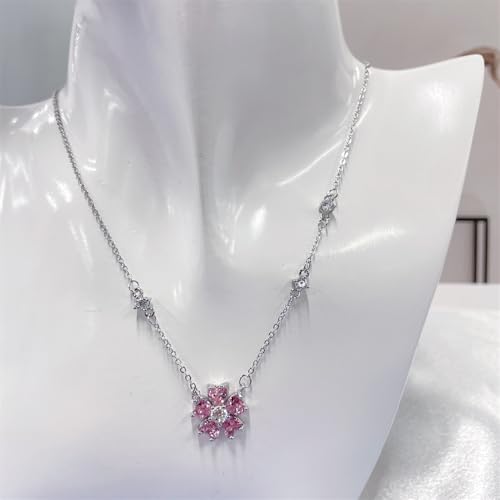 Dainty Pink Peach Blossom CZ Flower Choker Necklace for Women Cute Sterling Silver Plated Crystal Heart Shaped Floral Charm Pendant Trendy Adjustable Chain Necklaces Fashion Jewelry Gifts 17"3
