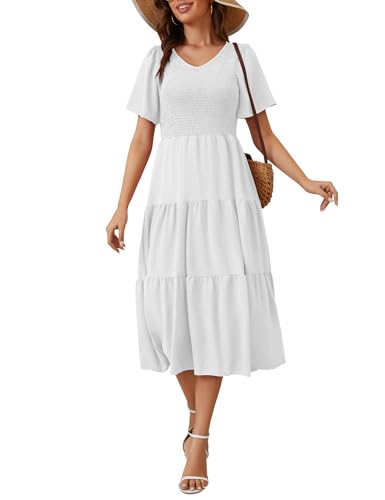 MIDNIGHTSUN Women's Smocked Midi Dress V Neck Flutter Short Sleeve Summer Tiered Dress