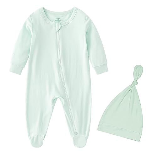 Image of omzer Unisex Pajamas for Baby Boy Girl - Bamboo Onesie Hat Set & Mitten Cuffs Sleep 'N Play Footie, 2 Way Zip Long Sleeve Solid Color Light Green 0-3M