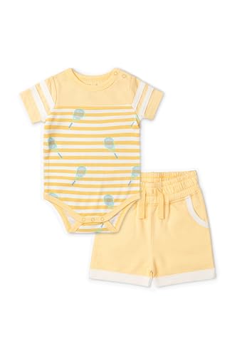 monica + andy Sporty Bodysuit + Varsity Sweatshort Set, Size 0-3 Months, Yellow Tennis Print, 100% Organic Baby Clothes for Girls & Boys, Sustainable Super Soft Cotton, Newborn, Infant & Toddler Sizes