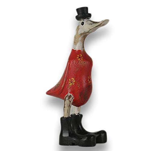 ART-CRAFT Canard en bois qui marche - Figurine de décoration de jardin en racine de bambou et bois de teck avec bottes et chapeau - Rouge antique - 25 cm de haut