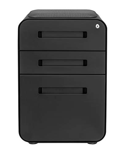 Laura Davidson Furniture STOCKPILE Curve Seated 3-Drawer Mobile File Cabinet with Removable Magnetic Cushion Seat - Metal Filing Cabinet, Pre-Assembled, Black with Dark Grey Cushion