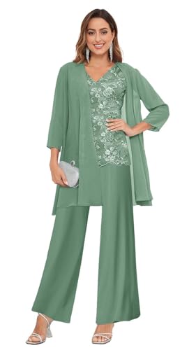 3 Pieces Mother of The Bride Pant Suits for Wedding Lace Chiffon Formal Evening Gowns with Jacket