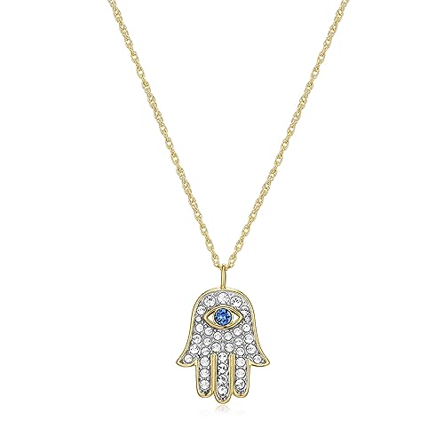 MORGAN & PAIGE .925 Sterling Silver 18K Yellow Gold Plated Crystal Blue and White Hamsa Hand of Fatima Pendant Necklaces for Women - Sparkling Crystals Adjustable 16” Rope Chain with 2” Extender