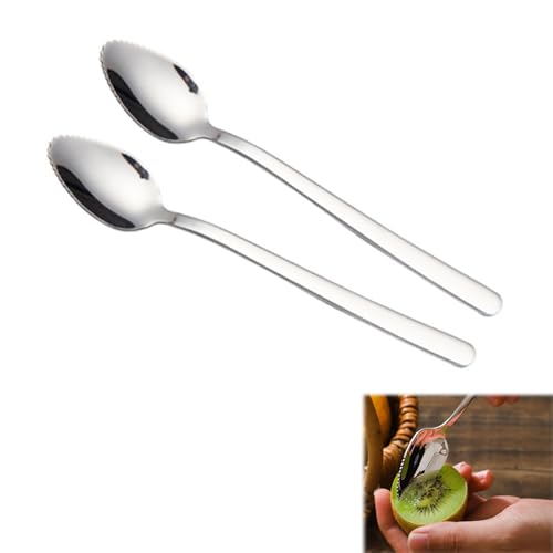 Cuchara de pomelo, cuchara de pomelo con borde dentado, 2 cucharas de frutas de melón y kiwi, cuchara de frutas de acero inoxidable, herramienta de postre de acero inoxidable para ensaladas de