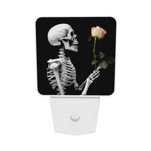Image of Hippie Skull Skeleton Night Light Set of 2, Pink Rose Auto Sensor LED Dusk-to-Dawn Nightlights, Plug-in Sensor Lamp for Bedroom Bathroom Kitchen Hallway Stairs Decorative