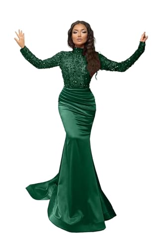 Sparkly Sequin Prom Dresses with Sleeves Satin Formal Dress Mermaid Evening Gown Long Open Back JS0024