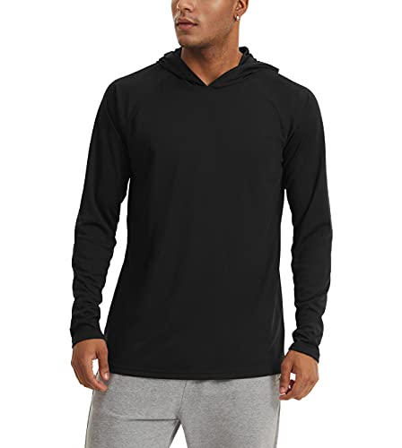 KEFITEVD Homme Manche Longue T-Shirt à Capuche avec Trous pour Les Pouces de Décontractés d'extérieur Tee Shirt Léger pour Mâle Polyester,Noir,M