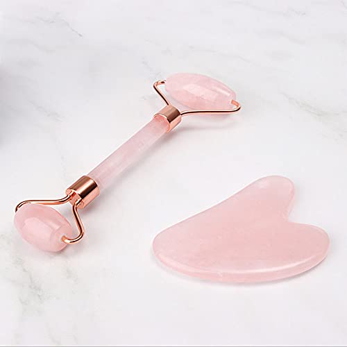 Jopuzia Natural Jade Roller for Face and Gua Sha Set - Beauty Cosmetic Facial Skin Roller Massager Tool (Pink Heart set)