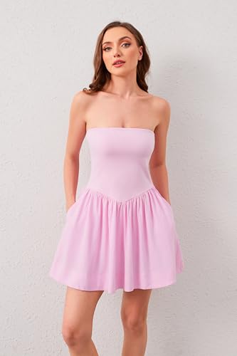 Image of Tube Top Dress for Women Summer Solid Strapless Flowy Mini Dresses Patchwork Pleated Drop Waist Flared Party Dress Pink, Medium