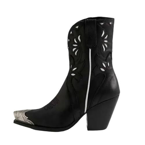 keleimusi Women's Cut-Out Floral Embroidery Cowgirl Boots Stacked Heel Cowboy Booties Steel Toe Short Cowboy Boots Side Zipper Western Booties for Women