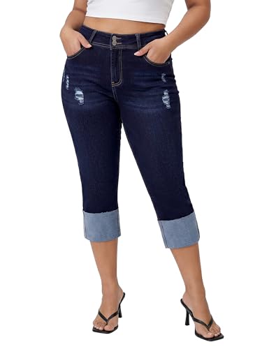 roswear Capri Jeans Stretchy for Women Skinny Cuffed Distressed Denim Pants Classic Blue Medium