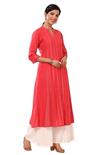 Image of Juniper Red Cotton Dobby Printed A-Line Kurta with Mask