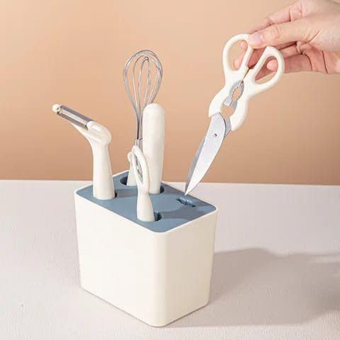 Elvana Kitchen Gadgets Set, 5 Pieces Kitchen Utensils Set with Holder, Paring Knife, Whisk, Bottle Opener, Peeler, Scissors | Home Kitchen Gadgets (White) offers donot miss