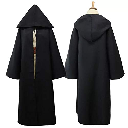 JIAHG Halloween Jedi Warrior Hooded Cloak Black Wizard Vampire Robe Medieval Knight Cloak Adult Gothic Costume Cape with Hood Fancy Dress Witch Mantle Cosplay Outfit for Men Women (Black) - Image 3